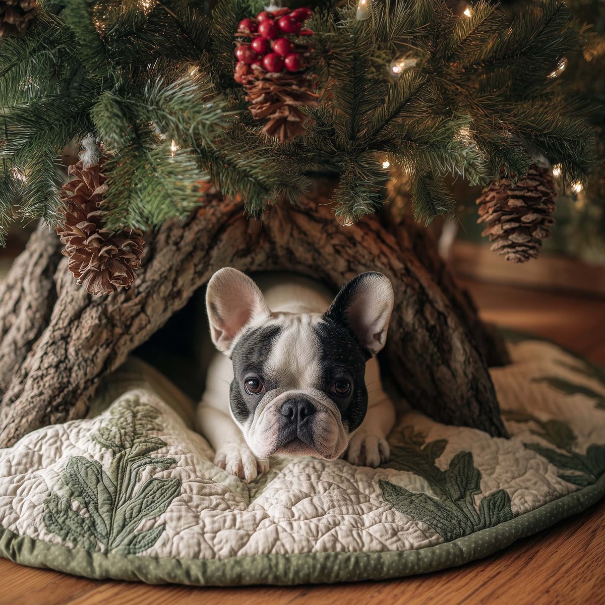 Black and White Frenchie on Cream Christmas Tree Skirt - Made to Order TREEK101