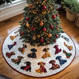 Tiny Patterned Dachshunds on Ivory Christmas Tree Skirt - Made to Order TREEK101