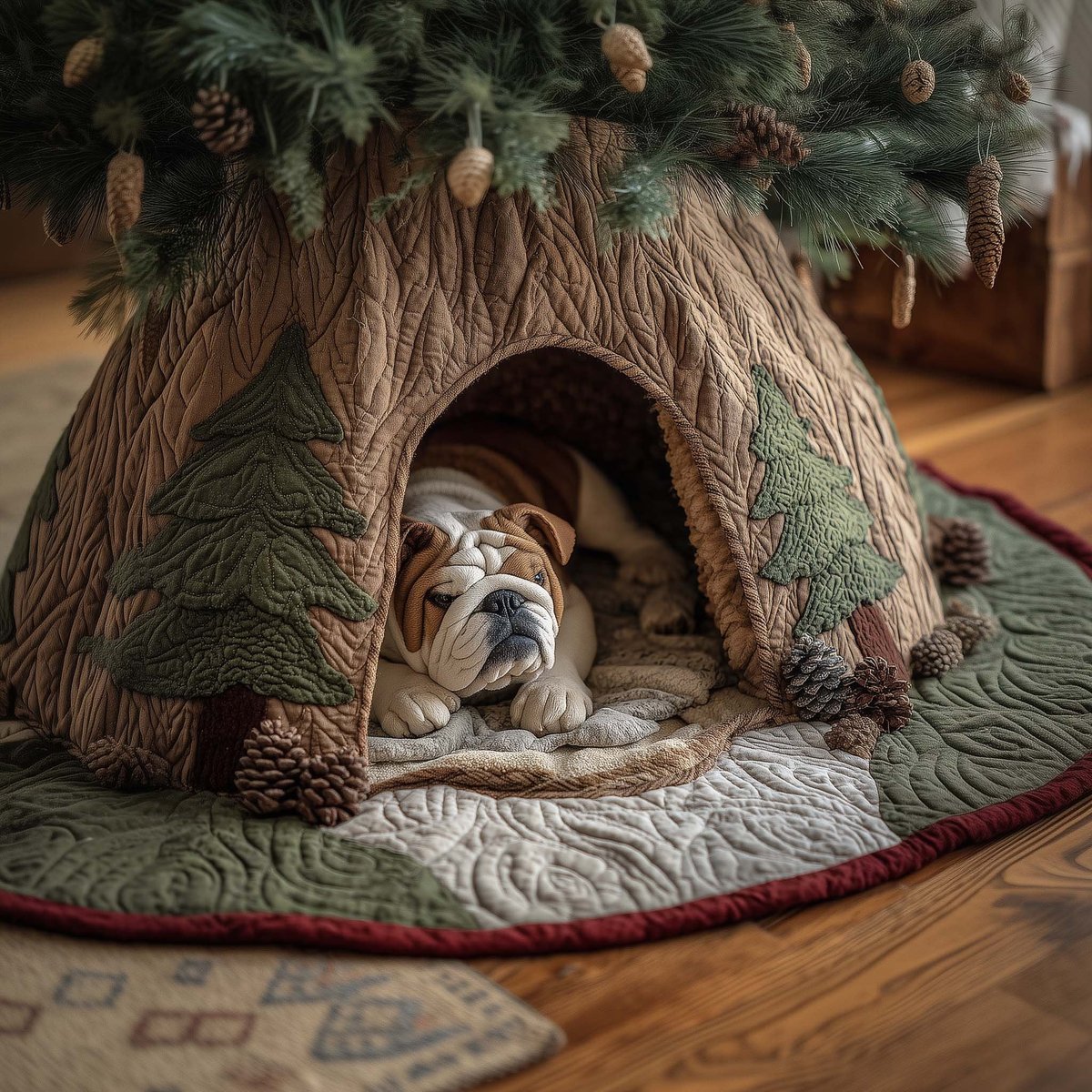 Bulldog in the Tree Den Christmas Tree Skirt - Made to Order TREEK101