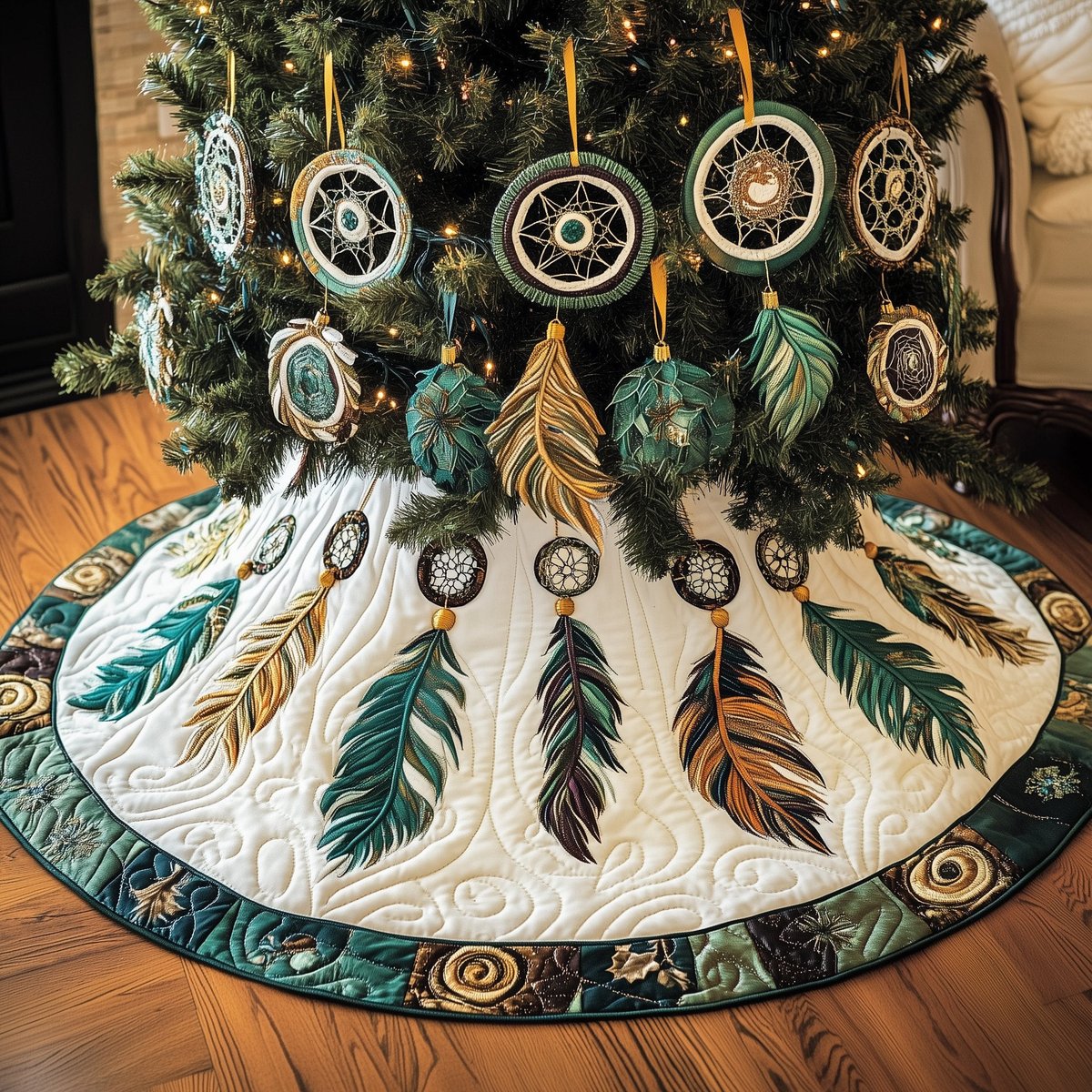 Dreamcatchers with Teal Feathers Christmas Tree Skirt - Made to Order TREEK101