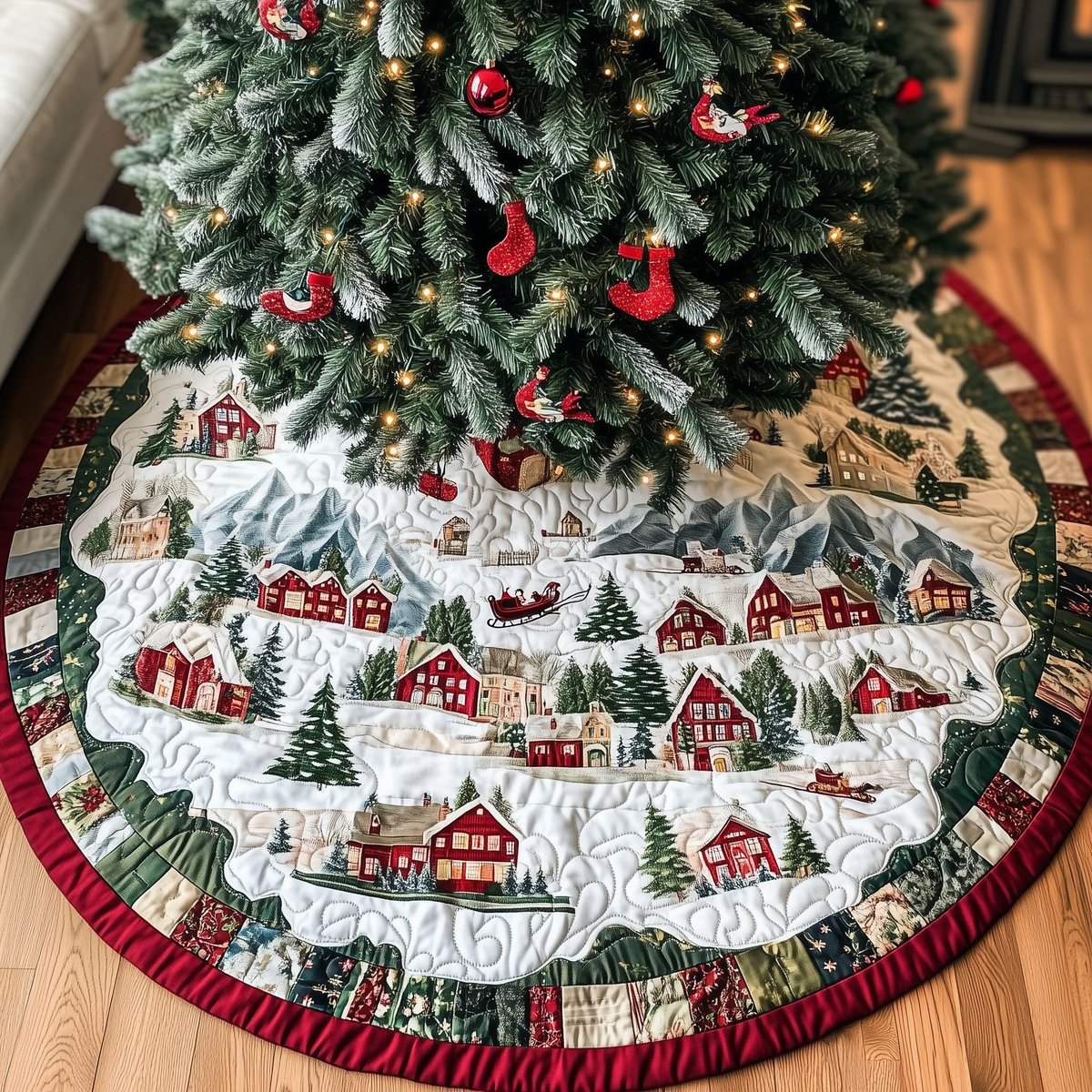 Red Village Rooftops with Pine Trees Christmas Tree Skirt - Made to Order TREEK101
