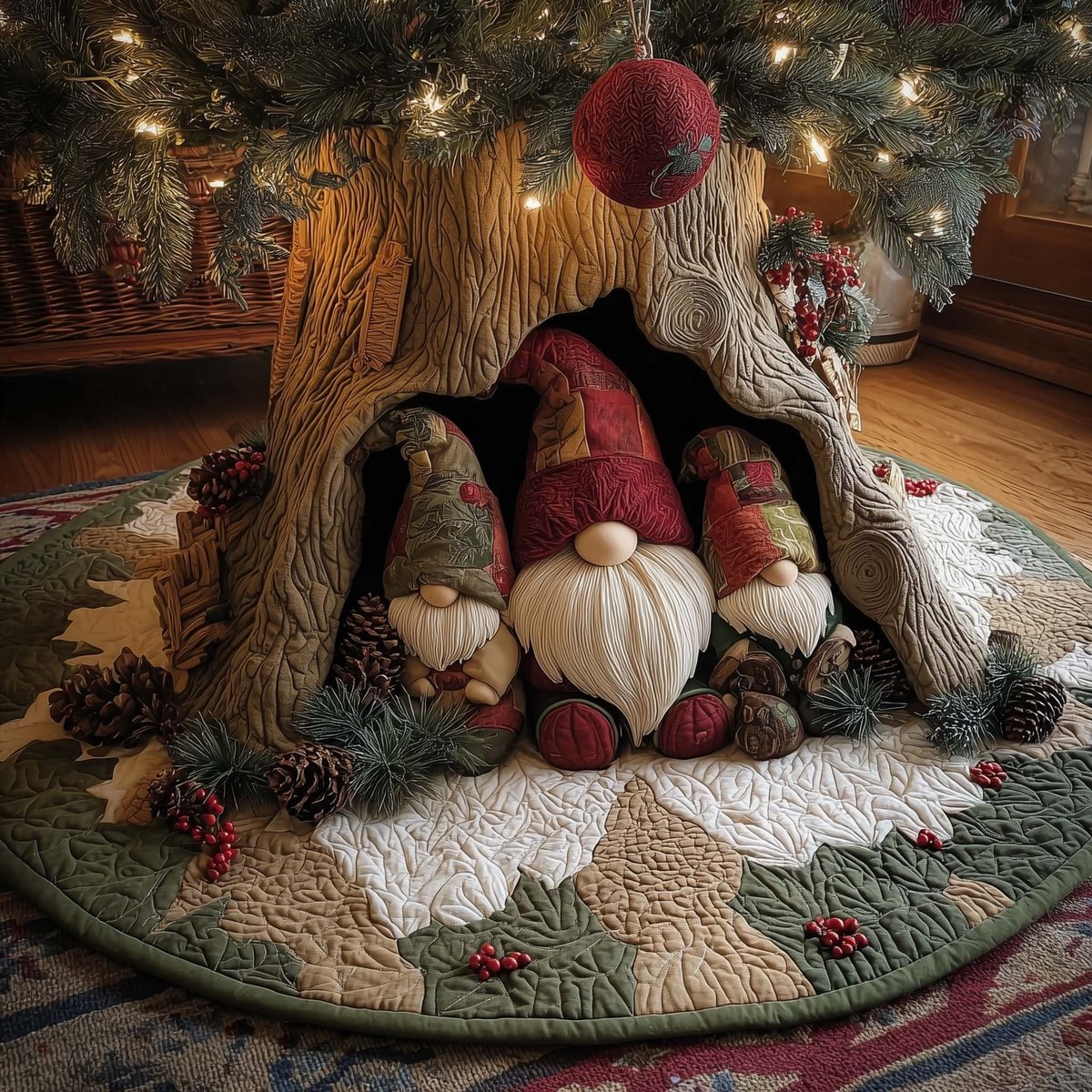 Gnomes in Red Hats with Berries Christmas Tree Skirt - Made to Order TREEK101