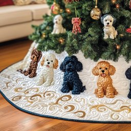 Grey and Apricot Poodles Navy Rim Christmas Tree Skirt - Made to Order TREEK101