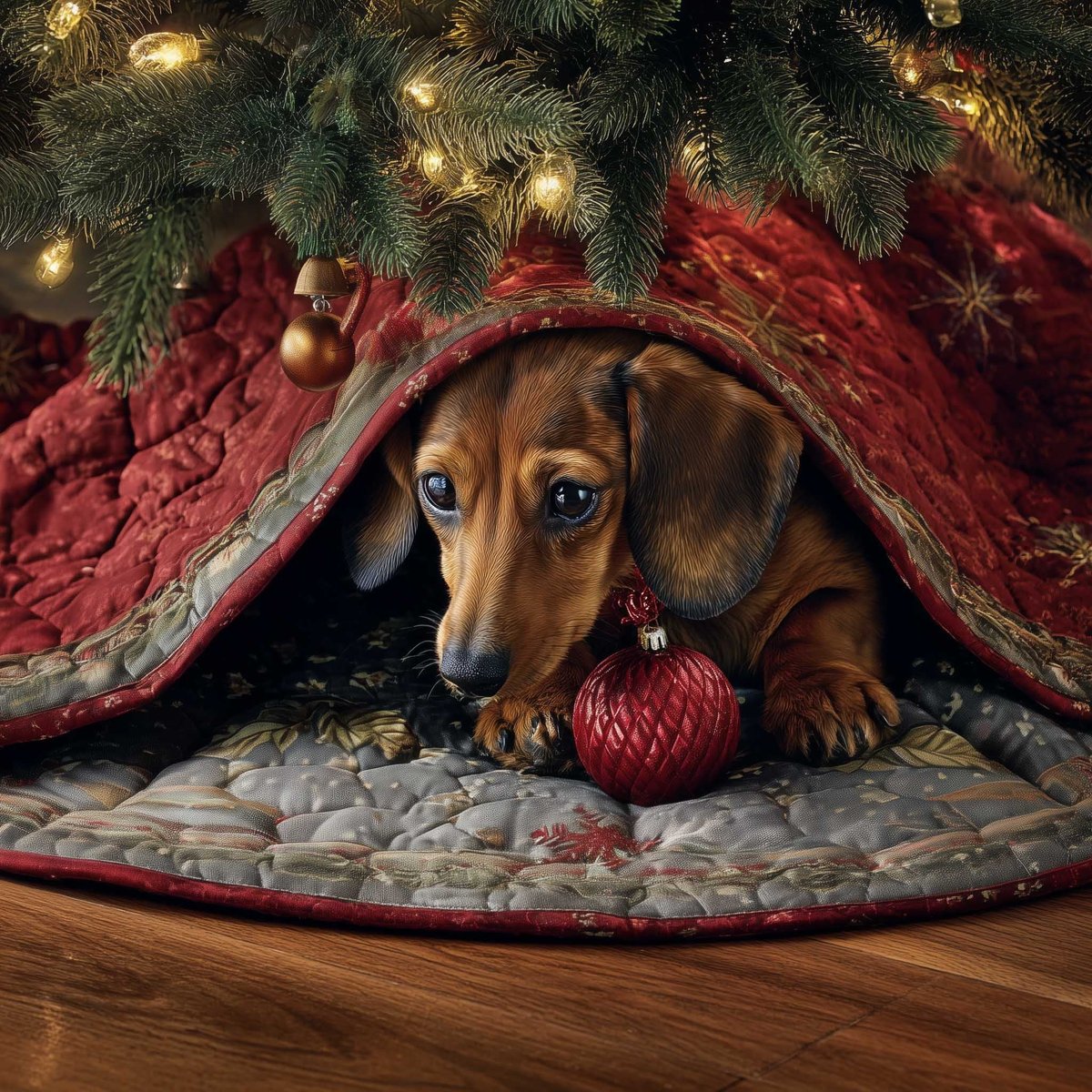 Dachshund with a Red Ornament Christmas Tree Skirt - Made to Order TREEK101