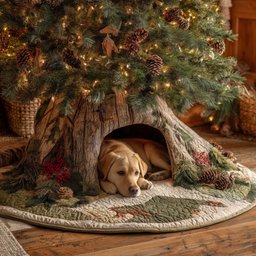 Golden Puppy Sleeping in the Tree Hollow Christmas Tree Skirt - Made to Order TREEK101