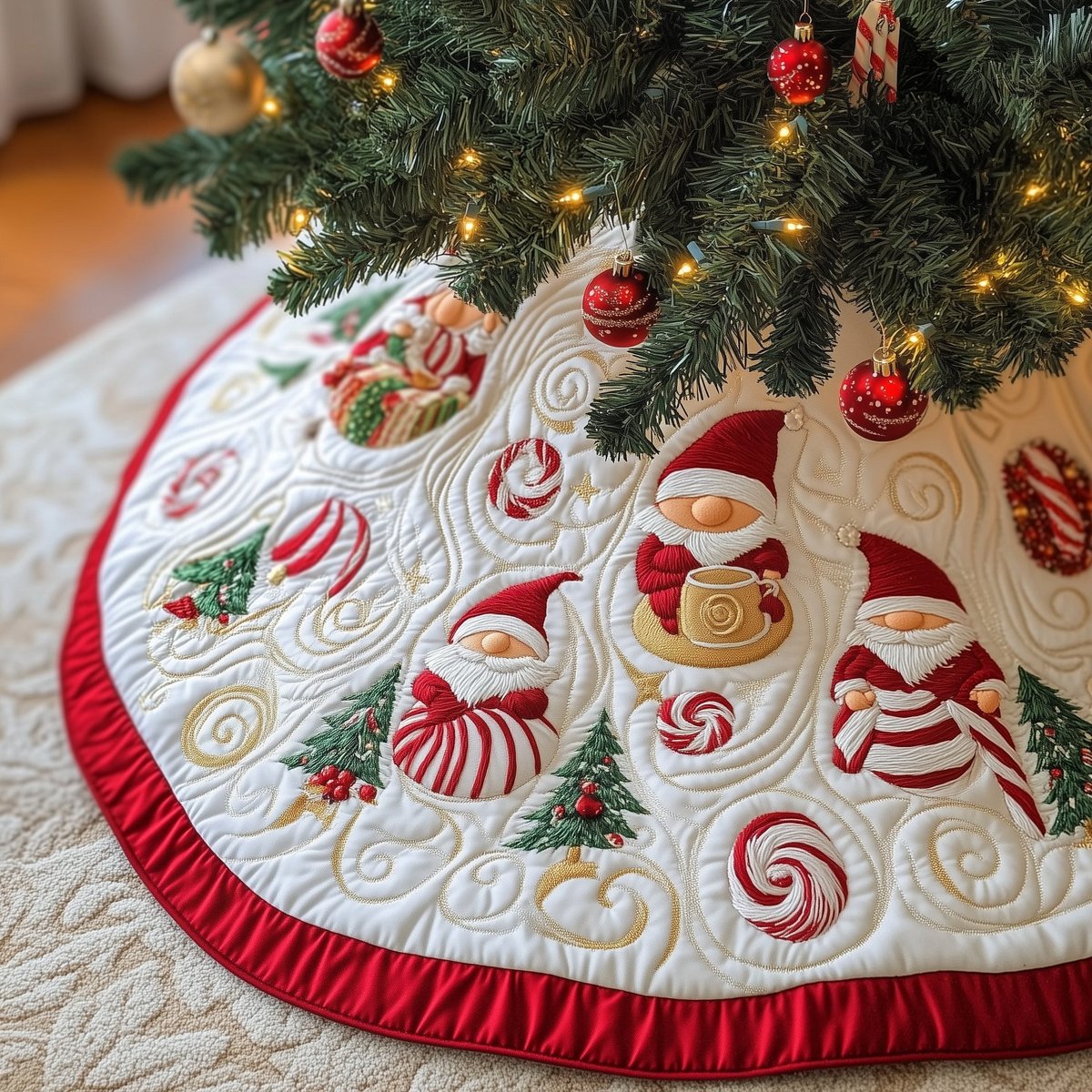 Peppermints and Cocoa Mugs Red Rim Christmas Tree Skirt - Made to Order TREEK101