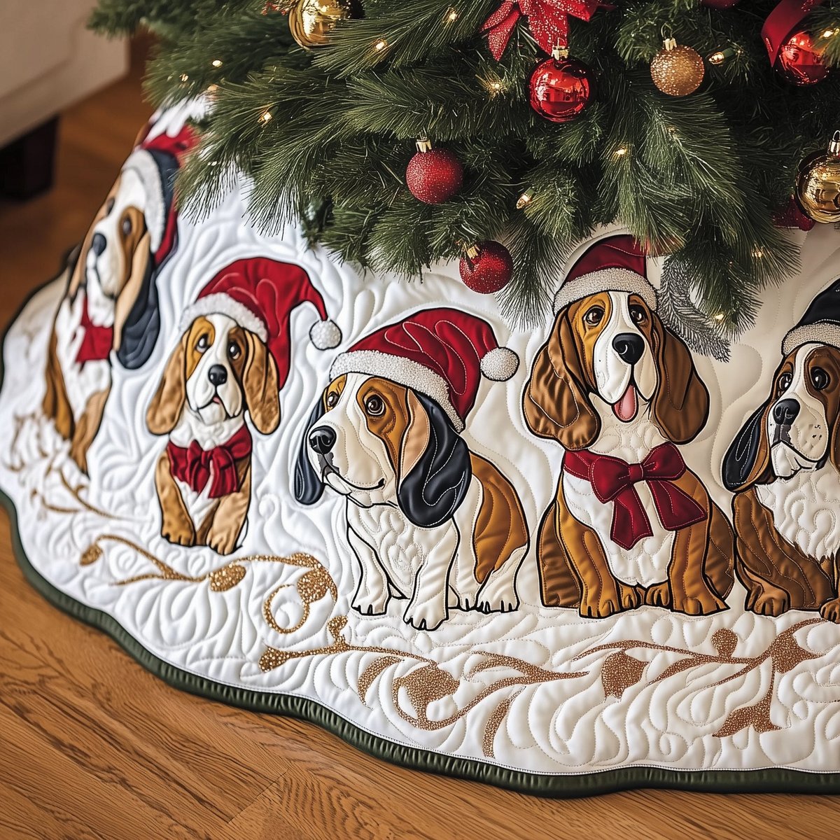 Basset Hounds in Santa Hats on White Christmas Tree Skirt - Made to Order TREEK101