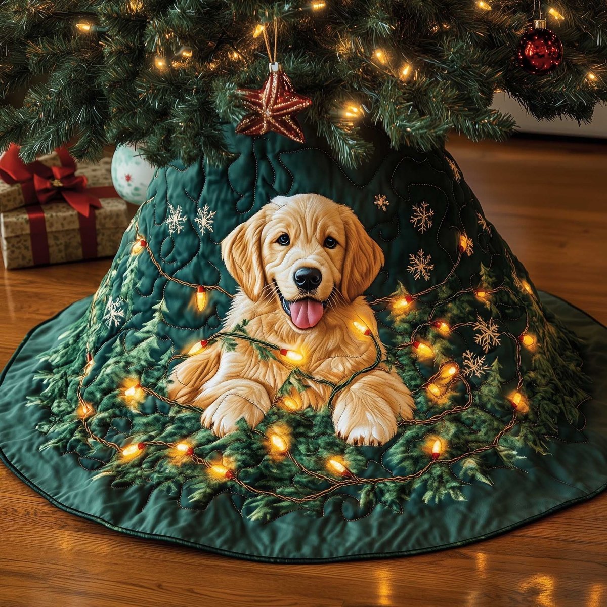 Golden Puppy on Green with Lights Christmas Tree Skirt - Made to Order TREEK101