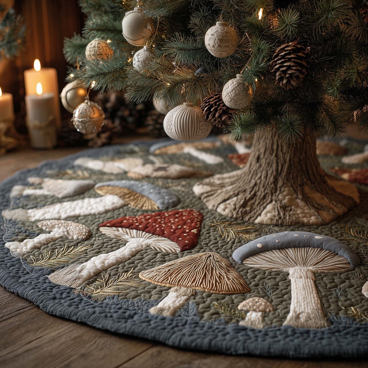 Toadstools Around the Grey Tree Trunk Christmas Tree Skirt - Made to Order TREEK101