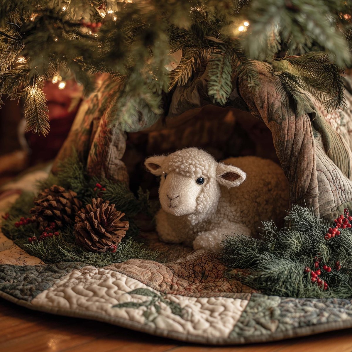 White Lamb Resting by Pinecones Christmas Tree Skirt - Made to Order TREEK101