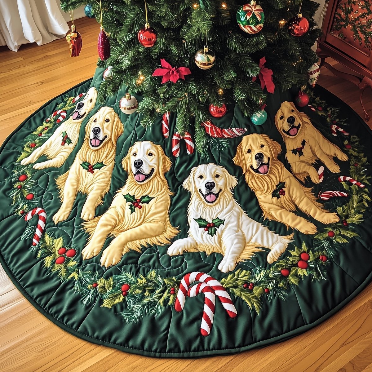 Golden Retrievers with Candy Canes Christmas Tree Skirt - Made to Order TREEK101