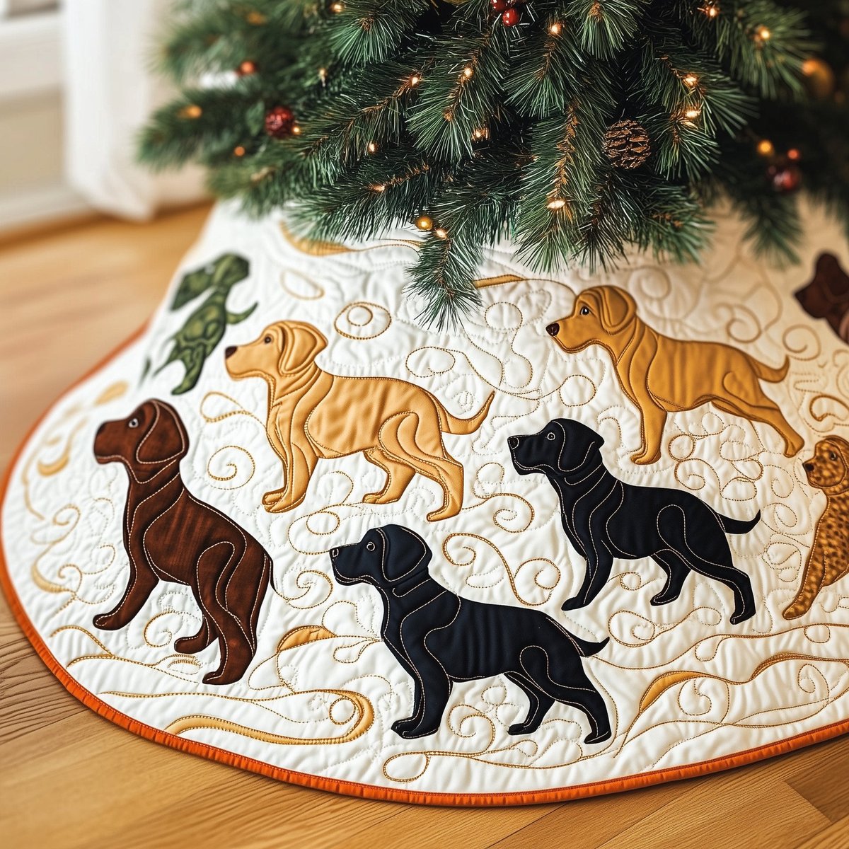 Chocolate and Black Labradors on Ivory Christmas Tree Skirt - Made to Order TREEK101