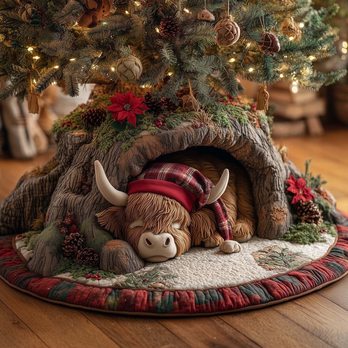 Highland Cow in a Red Plaid Cap Christmas Tree Skirt - Made to Order TREEK101