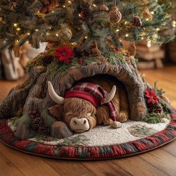 Highland Cow in a Red Plaid Cap Christmas Tree Skirt - Made to Order TREEK101