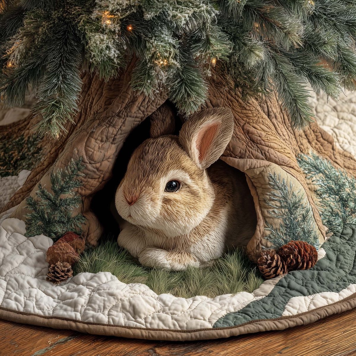 Rabbit in the Hollow with a Pinecone Christmas Tree Skirt - Made to Order TREEK101