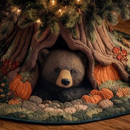 Bear Among Orange Pumpkins Christmas Tree Skirt - Made to Order TREEK101