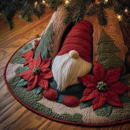 Gnome Among Red Poinsettias Christmas Tree Skirt - Made to Order TREEK101