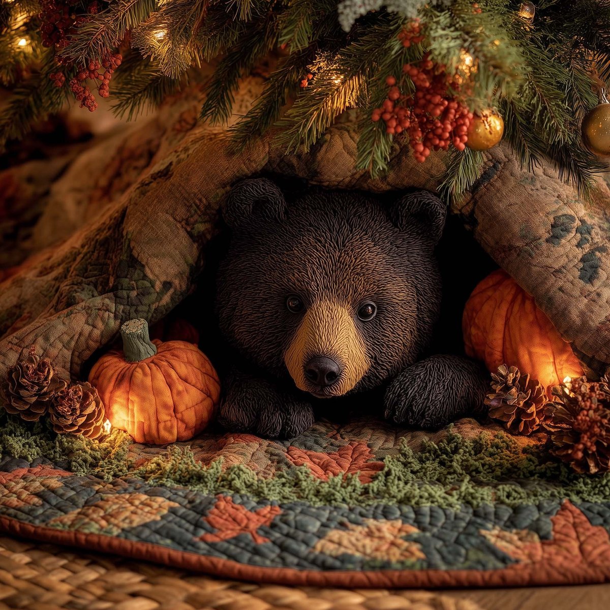 Bear with Pumpkin and Autumn Leaves Christmas Tree Skirt - Made to Order TREEK101