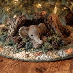 Baby Elephant on Ivory Pinecone Quilt Christmas Tree Skirt - Made to Order TREEK101