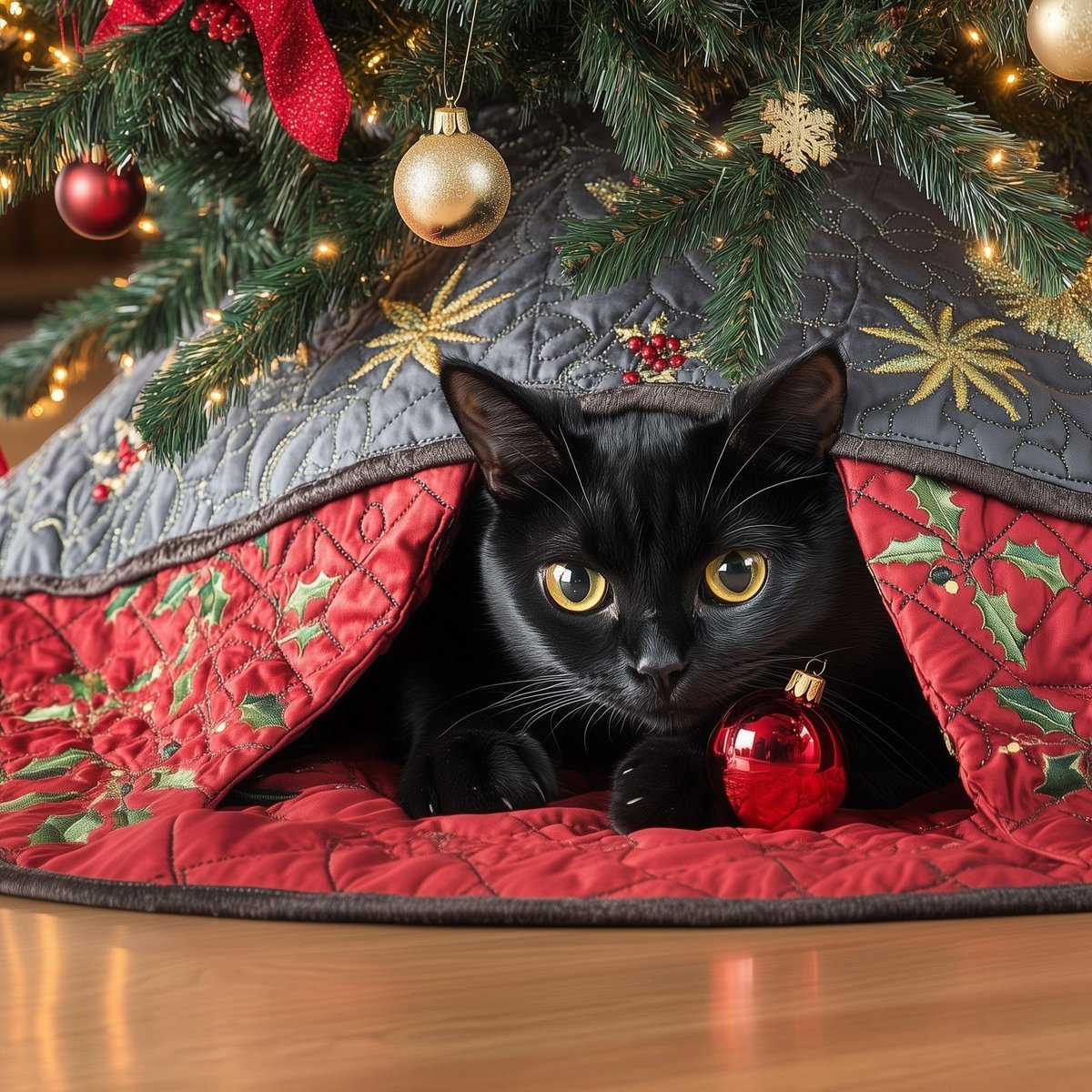 Black Cat on Red Poinsettia Quilt Christmas Tree Skirt - Made to Order TREEK101