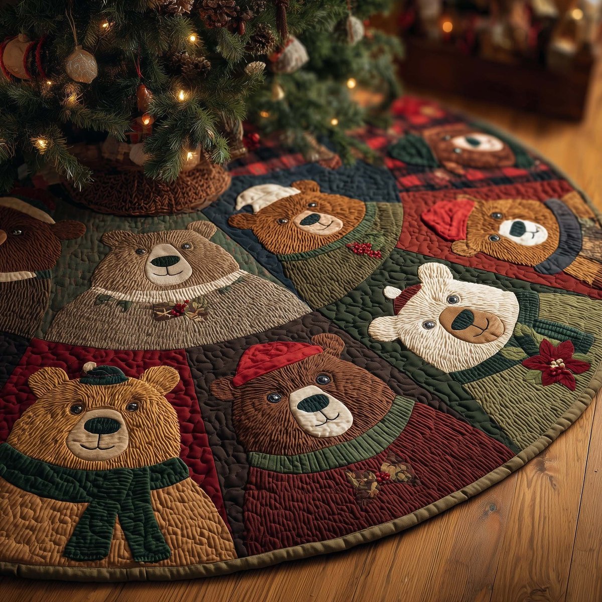 Teddy Bears in Scarves Patchwork Christmas Tree Skirt - Made to Order TREEK101