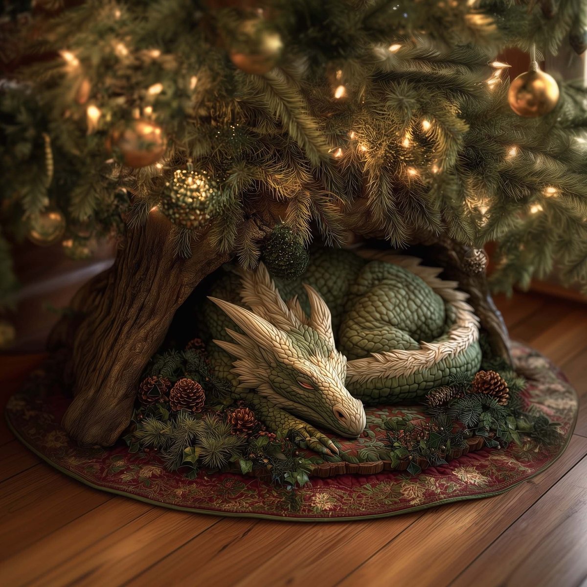Green Dragon Curled in the Log Christmas Tree Skirt - Made to Order TREEK101