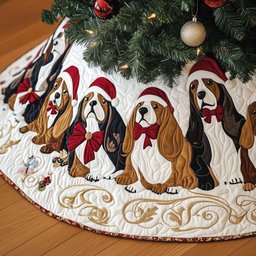 Basset Hounds with Red Bows on Cream Christmas Tree Skirt - Made to Order TREEK101