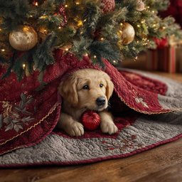 Golden Puppy Under a Red Blanket Christmas Tree Skirt - Made to Order TREEK101