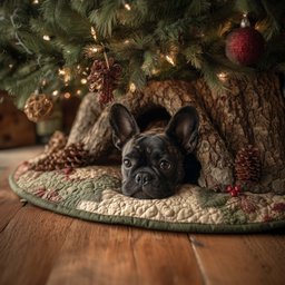 Black Frenchie with Pinecones Christmas Tree Skirt - Made to Order TREEK101
