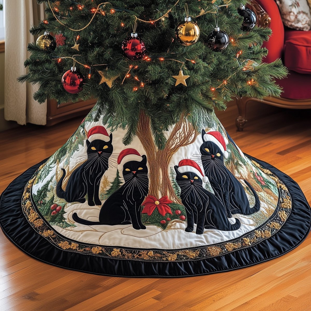 Black Holiday Cat Christmas Tree Skirt - Made to Order TREEK101