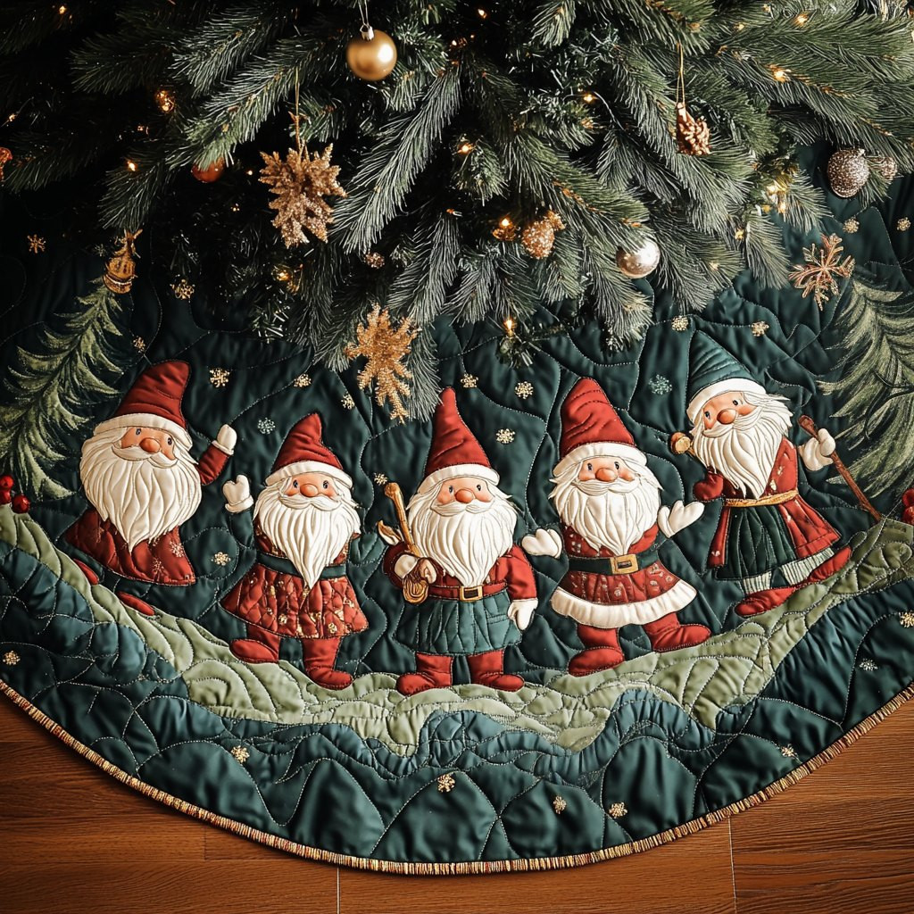 Gnome Line on the Green Snow Field Christmas Tree Skirt - Made to Order TREEK101
