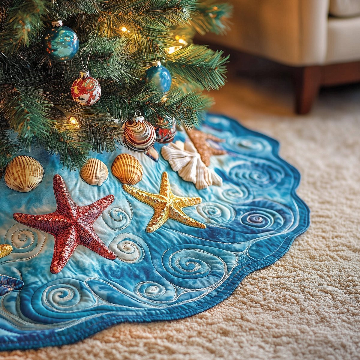 Tropical Seashell Symphony Christmas Tree Skirt - Made to Order TREEK101