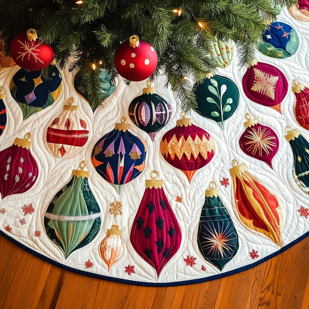 Vintage Baubles on Ivory Quilt Christmas Tree Skirt - Made to Order TREEK101
