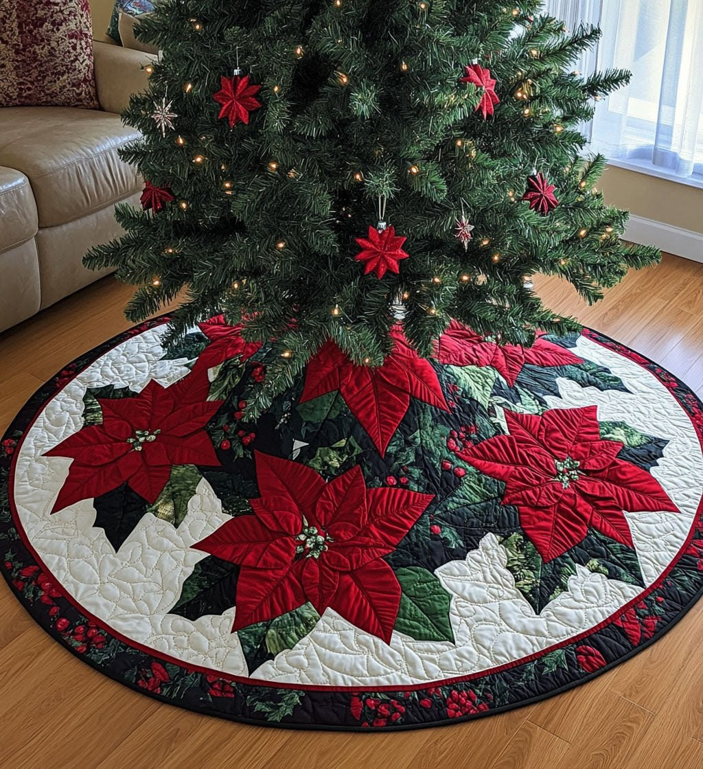 Red Poinsettias on the Snow White Ring Christmas Tree Skirt - Made to Order TREEK101
