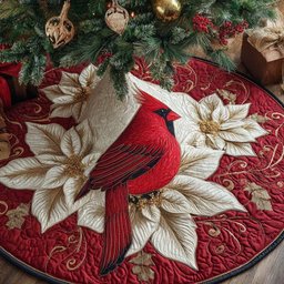 Crimson Poinsettia Grace Christmas Tree Skirt - Made to Order TREEK101