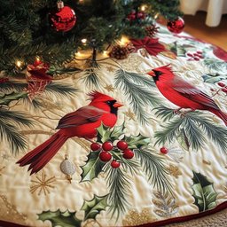 Cardinal on the Pine and Holly Bough Christmas Tree Skirt - Made to Order TREEK101