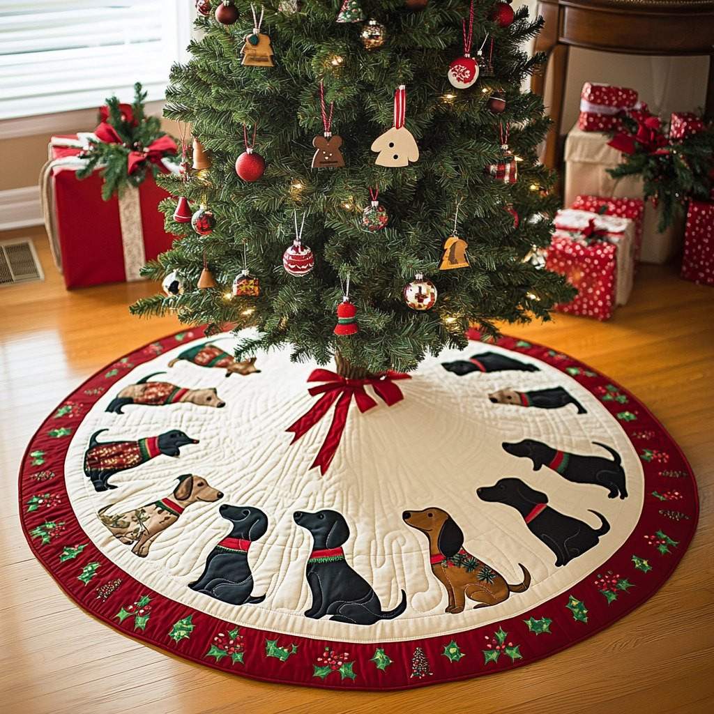 Merry Dachshund Dreams Chritstmas Christmas Tree Skirt - Made to Order TREEK101