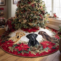 Labs with Poinsettias on Ivory Christmas Tree Skirt - Made to Order TREEK101
