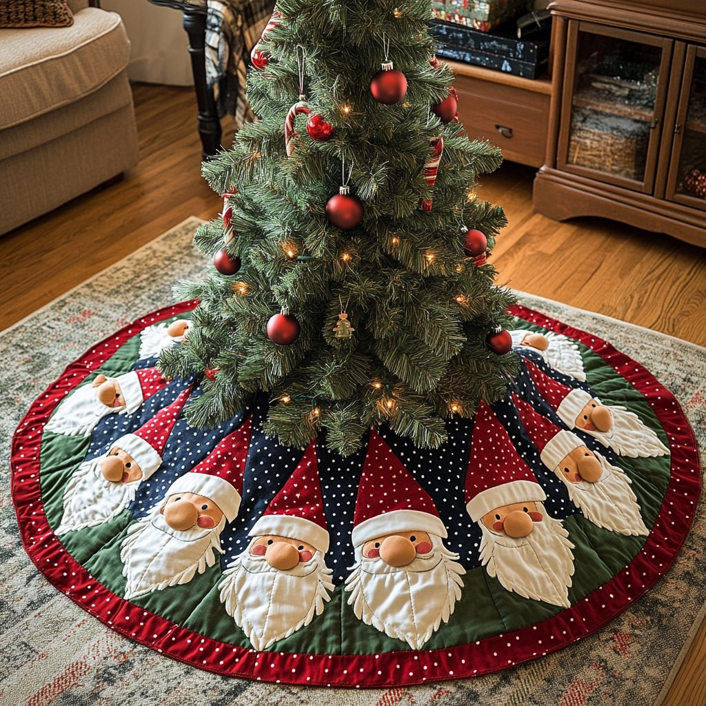Santa Faces on the Red Wedge Ring Christmas Tree Skirt - Made to Order TREEK101