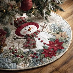 Winter Red Scarf Snowman Christmas Tree Skirt - Made to Order TREEK101