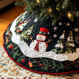 Snowman in the Black Night Forest Christmas Tree Skirt - Made to Order TREEK101