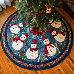 Snowmen with Bobble Hats on Blue Christmas Tree Skirt - Made to Order TREEK101