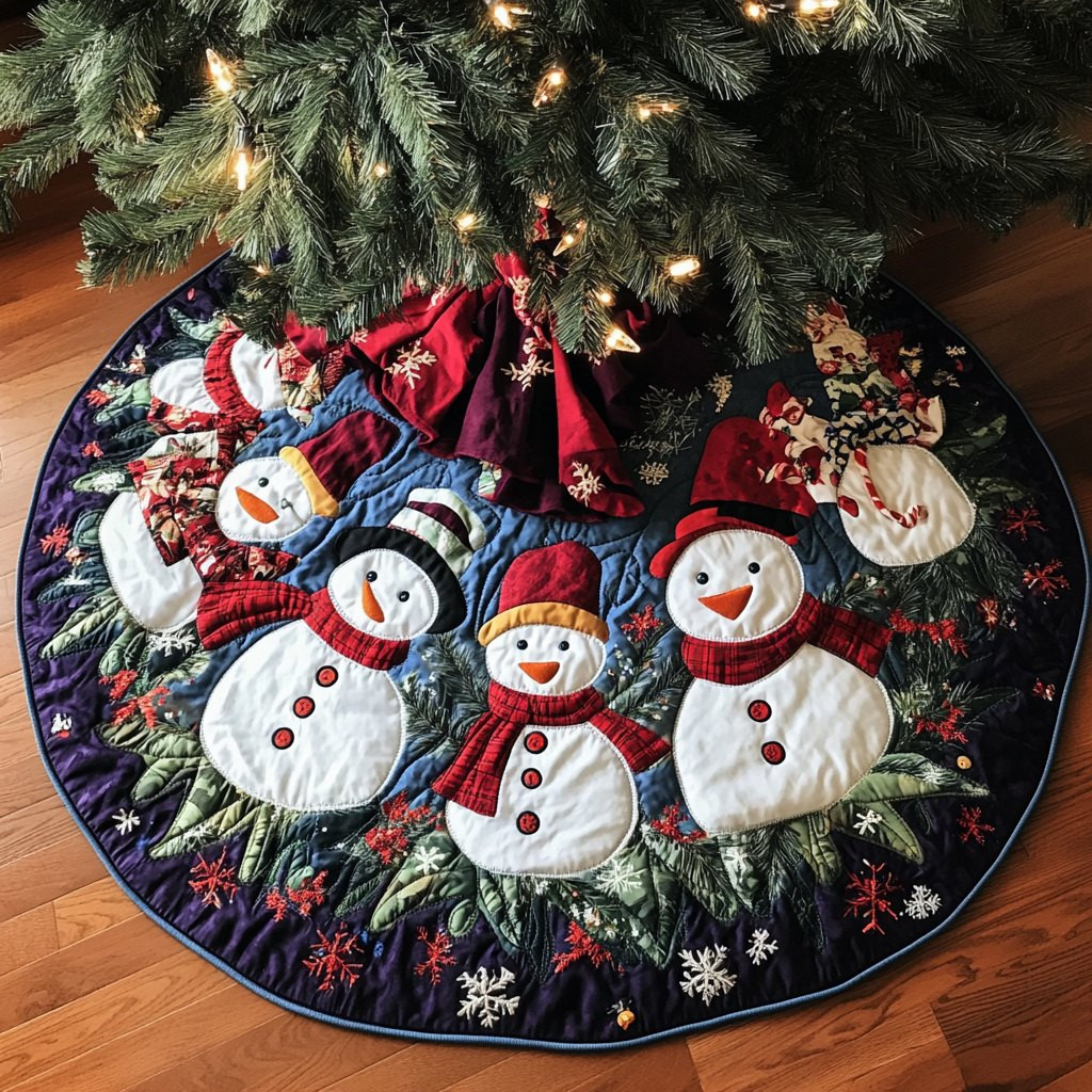 Snowmen in Red Hats on Emerald Christmas Tree Skirt - Made to Order TREEK101