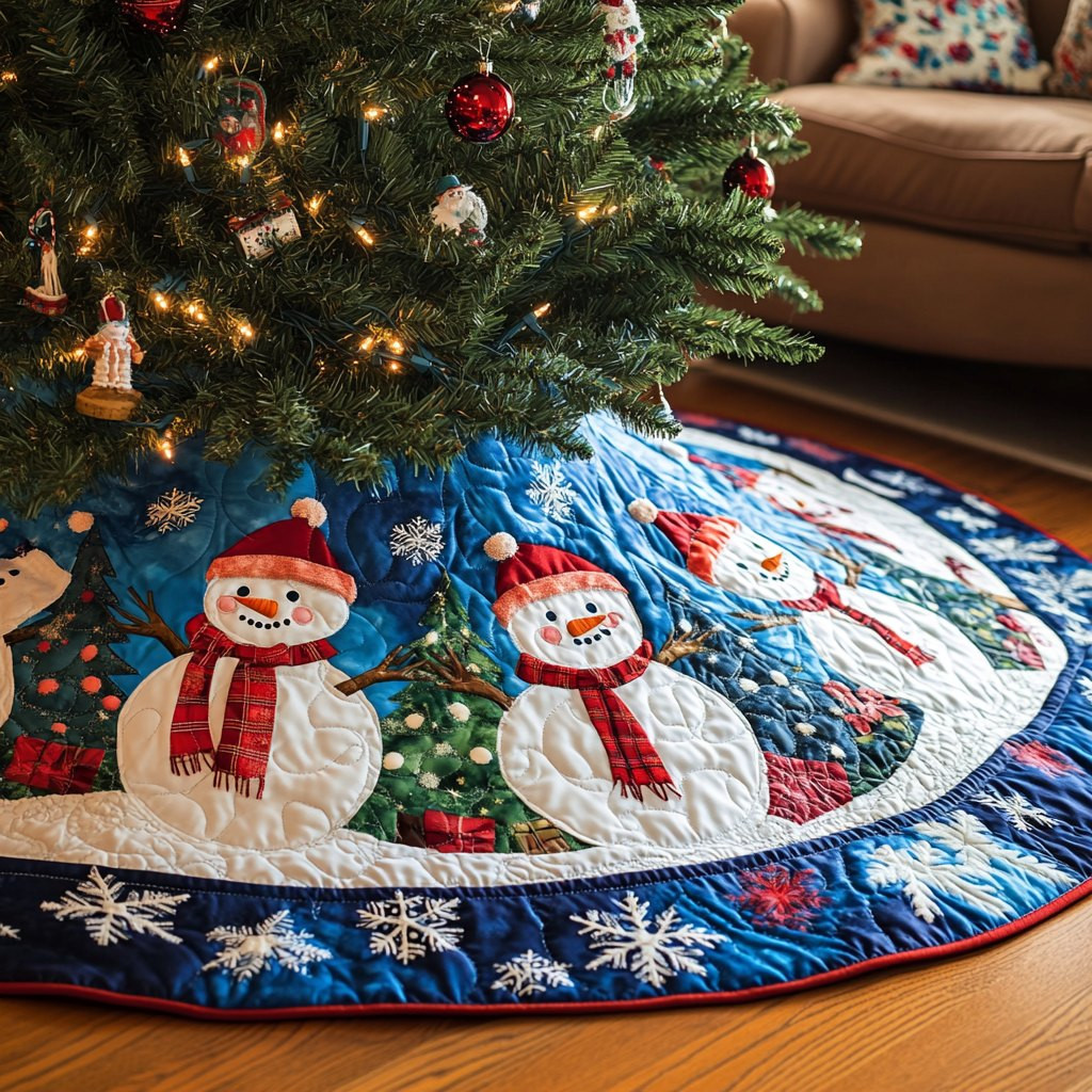 Snowmen on the Blue Snowflake Ring 1093 Christmas Tree Skirt - Made to Order TREEK101