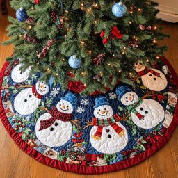 Snowman Row on the Blue Ruffle Hem Christmas Tree Skirt - Made to Order TREEK101