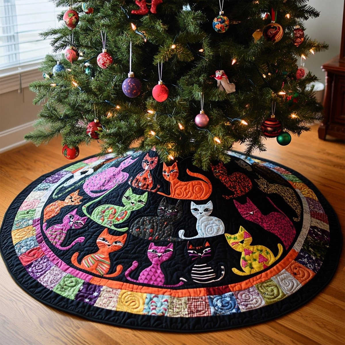 Rainbow Folk Cats on the Colour Ring Christmas Tree Skirt - Made to Order TREEK101