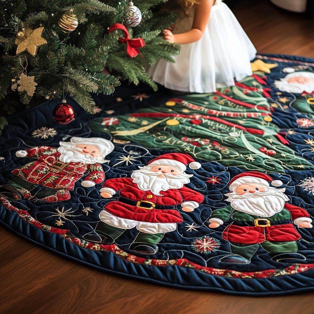 Santa Faces on the Navy Star Ring Christmas Tree Skirt - Made to Order TREEK101