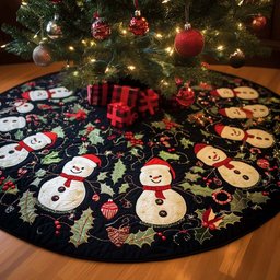 Snowman Faces on the Holly Navy Christmas Tree Skirt - Made to Order TREEK101