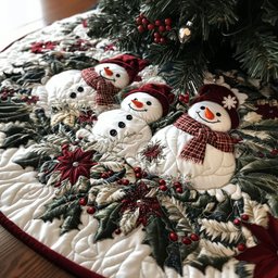 Snowmen with Poinsettias on Ivory Christmas Tree Skirt - Made to Order TREEK101