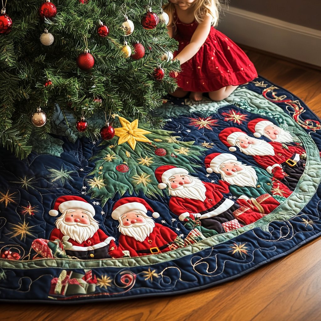 Santas Round the Golden Star Tree Christmas Tree Skirt - Made to Order TREEK101